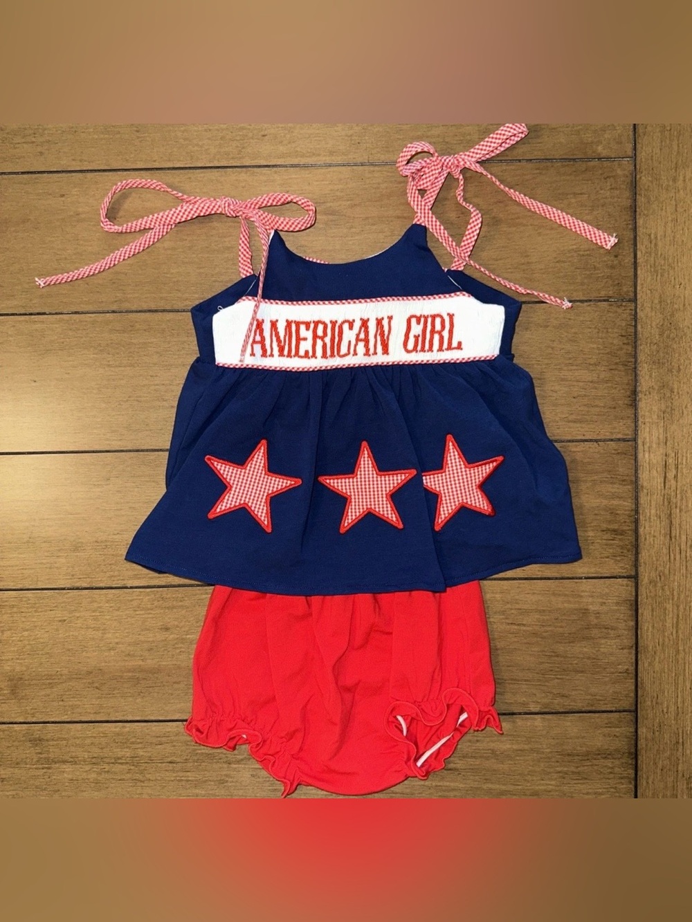 NWT Boutique 4th of July Embroidered American Girl Smocked Baby Girls 6M Outfit